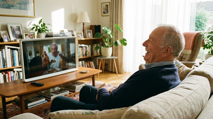 Ein älterer Herr mit einem modernen, unauffälligen Hörgerät sitzt entspannt auf dem Sofa und lacht herzlich, während er auf einen großen Bildschirm auf dem Couchtisch blickt. Die Szene ist gut ausgeleuchtet und strahlt Freude aus.