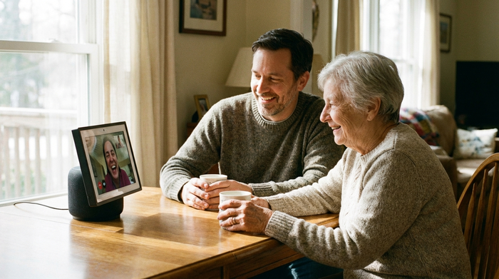 Ein erwachsener Sohn und seine ältere Mutter sitzen gemeinsam an einem Esstisch bei einer Tasse Kaffee. Sie betrachten entspannt ein aufgestelltes Videotelefonie-Gerät, das in einer stabilen Ladeschale ruht.