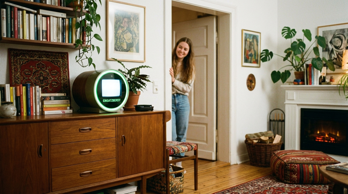 Ein liebevoll eingerichtetes Wohnzimmer mit einem speziellen Videotelefon auf einer Anrichte. Im Hintergrund sieht man unscharf eine junge Frau, die durch die Tür lächelt, während das Gerät einsatzbereit leuchtet.