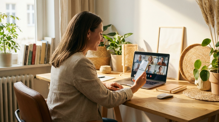 Eine junge Geschäftsfrau sitzt in einem hellen Büro am Schreibtisch, hält ihr Smartphone in der Hand und lächelt erleichtert bei einem Videoanruf. Die Atmosphäre ist ruhig und professionell, aber emotional warm.