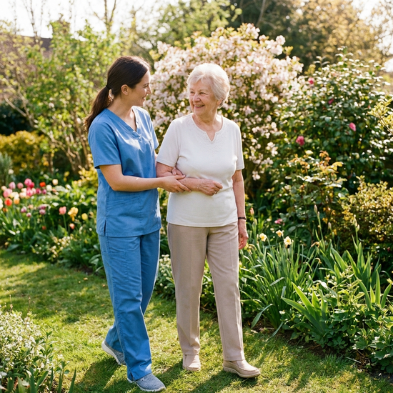 Eine freundliche, professionelle Pflegekraft in blauer Berufskleidung hilft einer lächelnden Seniorin beim Spaziergang im heimischen Garten. Frühlingshaftes Wetter und grüne Pflanzen im Hintergrund.