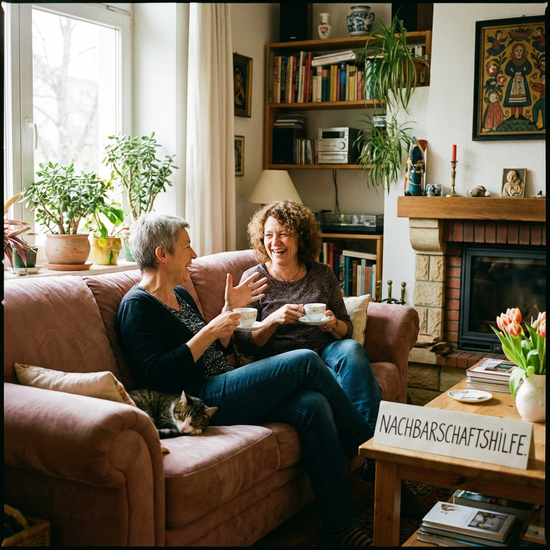 Zwei Frauen mittleren Alters sitzen bei einer Tasse Tee auf dem Sofa und unterhalten sich angeregt. Ein gemütliches, privates Wohnambiente, das Vertrauen und Nachbarschaftshilfe ausstrahlt.