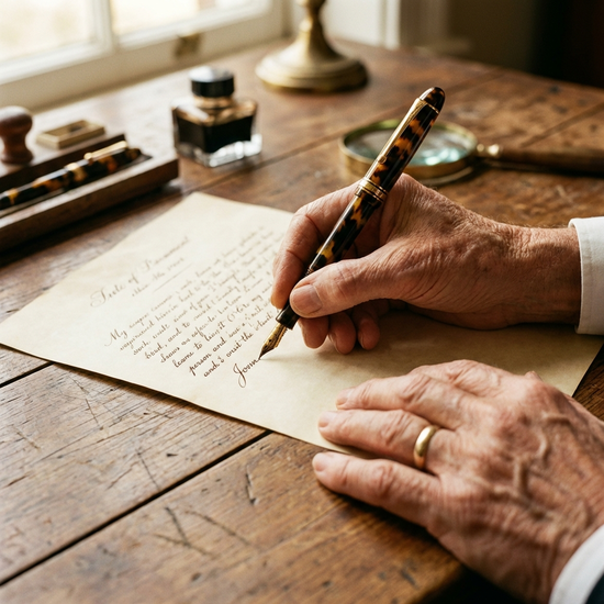 Eine ältere Hand füllt mit einem edlen Füllfederhalter sorgfältig ein Dokument aus. Nahaufnahme auf die schreibende Hand und das Papier, warmer Holzuntergrund.
