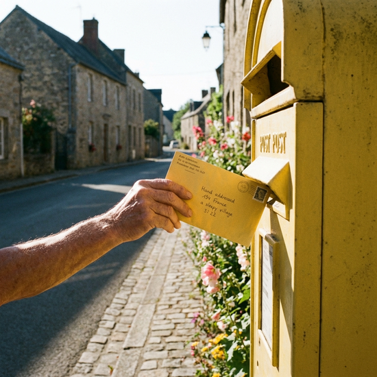 Ein gelber Briefumschlag wird in einen gelben Postbriefkasten an einer ruhigen Straße geworfen. Die Hand einer Person ist im Bild, ein sonniger Tag.