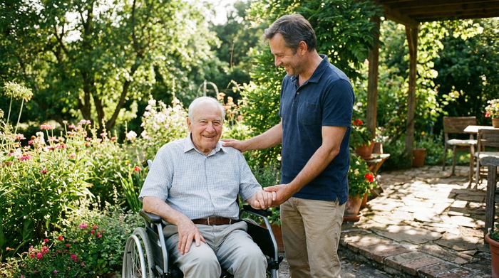 Ein lächelnder älterer Herr sitzt entspannt im Rollstuhl im eigenen Garten, während sein Sohn liebevoll eine Hand auf seine Schulter legt. Sonniges Wetter, grüne Pflanzen im Hintergrund, entspannte und entlastete Stimmung.