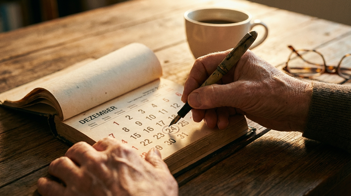 Eine Nahaufnahme von Händen, die mit einem Stift ein Datum in einem physischen Tischkalender markieren. Im Hintergrund unscharf eine Kaffeetasse und eine Lesebrille auf einem Holztisch. Warme Beleuchtung.