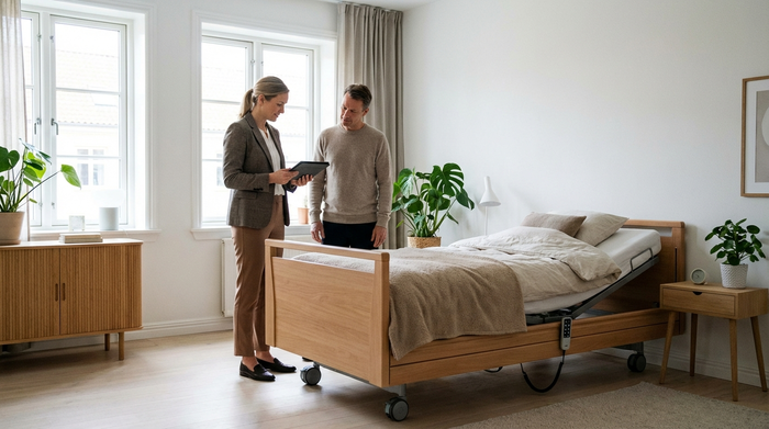 Eine Pflegeberaterin in dezenter ziviler Kleidung schaut sich gemeinsam mit einer Angehörigen ein modernes Pflegebett im Schlafzimmer an. Beide nicken verständnisvoll. Aufgeräumtes, helles Zimmer, realistische Szene.