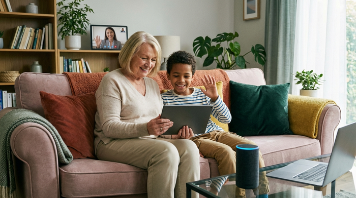 Eine ältere Frau sitzt mit ihrem Enkel auf dem Sofa und schaut lächelnd auf ein Tablet, auf dem eine freundliche Beraterin im Videoanruf zu sehen ist. Gemütliches Wohnzimmer, moderne Technik im Einsatz.