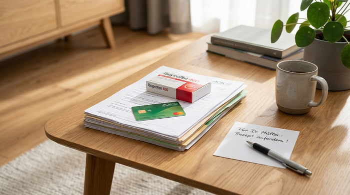 Ein ordentlich arrangierter Stapel von Dokumenten, einer Versichertenkarte und einer Medikamentenschachtel auf einem Wohnzimmertisch. Daneben liegt ein handschriftlicher Notizzettel mit einem Stift. Ruhige, aufgeräumte Atmosphäre.