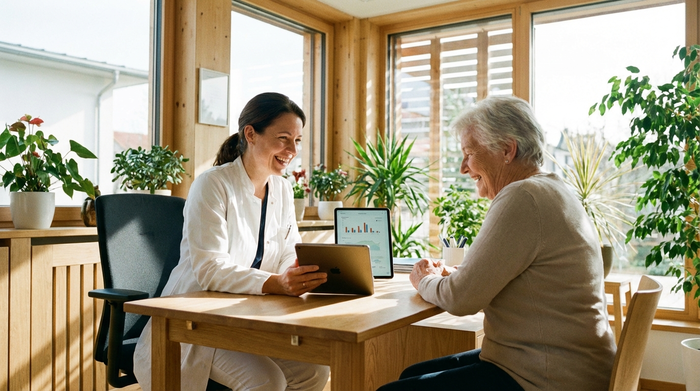 Ein lächelnder Arzt im weißen Kittel sitzt in einer hellen Praxis und bespricht mit einer älteren Patientin die Gesundheitsdaten auf einem Tablet.