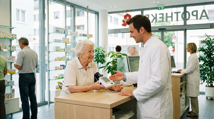 Eine ältere Dame steht am Tresen einer modernen, hellen Apotheke und lässt sich von einem freundlichen Apotheker ein neues medizinisches Gerät zeigen.
