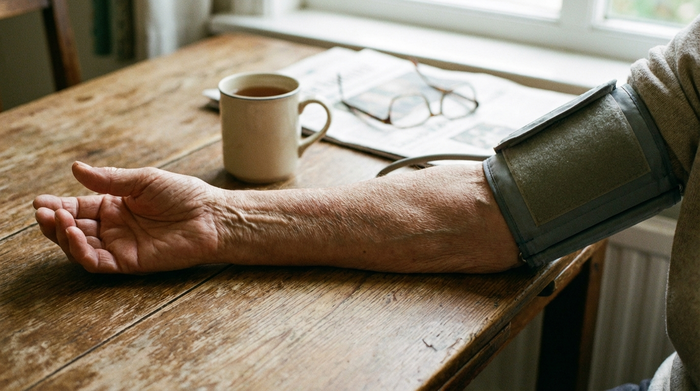 Nahaufnahme eines entspannten, älteren Arms, der ruhig auf einem Holztisch liegt, während eine gut sitzende Blutdruckmanschette am Oberarm angelegt ist.