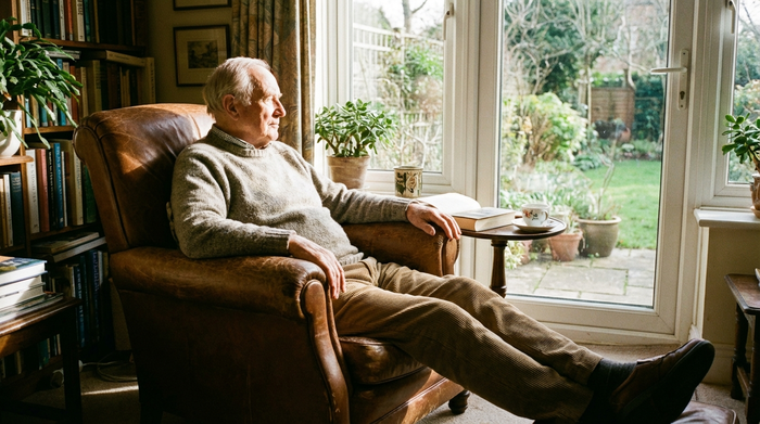 Ein älterer Mann sitzt entspannt in einem Sessel, die Beine nebeneinander auf dem Boden, und schaut ruhig aus dem Fenster.