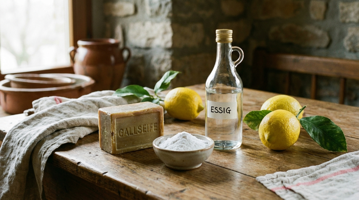 Ein Stillleben auf einem rustikalen Küchentisch mit einem Stück Gallseife, einer kleinen Schale mit weißem Natronpulver, einer Flasche klarem Essig und frischen Zitronen. Natürliches, weiches Tageslicht, gemütliche Atmosphäre.