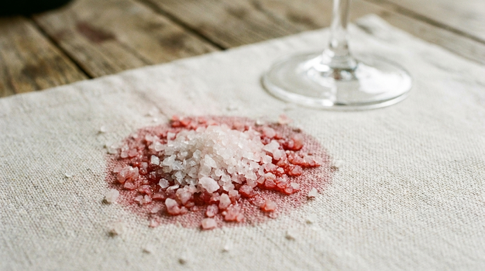 Eine Nahaufnahme von grobem Salz, das großzügig auf einen frischen, roten Weinfleck auf einer hellen Baumwolltischdecke gestreut wurde. Das Salz saugt die rote Flüssigkeit auf. Im Hintergrund ein unscharfes Weinglas auf einem Holztisch.