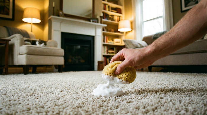 Ein heller, flauschiger Wohnzimmerteppich, auf dem eine kleine Menge weißer, feinporiger Rasierschaum aufgetragen ist. Eine Hand mit einem weichen Schwamm tupft vorsichtig auf den Schaum. Gemütliches Wohnzimmer-Ambiente im Hintergrund.