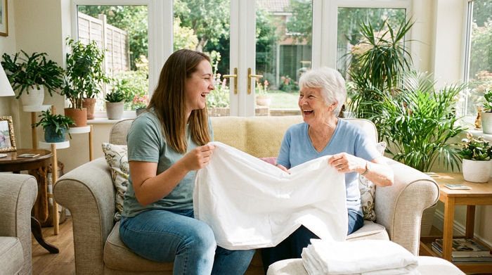 Eine freundliche, jüngere Pflegekraft hilft einer lächelnden älteren Dame im Wohnzimmer beim Zusammenlegen von frisch gewaschener, strahlend weißer Wäsche. Beide wirken entspannt und glücklich. Helles, freundliches Zimmer mit Pflanzen.