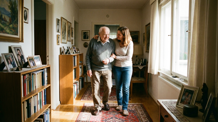 Ein älterer Mann mit sanftem Gesichtsausdruck wird von seiner Tochter behutsam gestützt, während sie gemeinsam durch einen lichtdurchfluteten, wohnlichen Flur gehen. Die Szene wirkt emotional, ruhig und absolut realistisch.