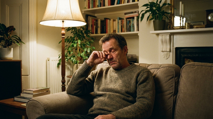Ein Mann mittleren Alters reibt sich erschöpft die Augen, während er auf einem gemütlichen Stoffsofa sitzt. Weiches, gedimmtes Licht einer Stehlampe erzeugt eine melancholische, aber friedliche Stimmung im Raum.