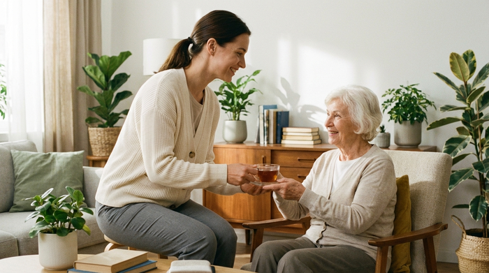 Eine freundliche Pflegekraft in gepflegter, neutraler Kleidung reicht einer älteren Dame lächelnd eine Tasse Tee in einem hellen, aufgeräumten Wohnzimmer. Die Atmosphäre ist herzlich, professionell und entspannend.