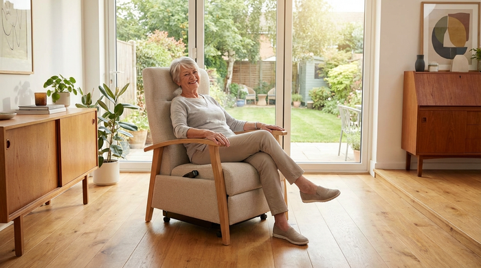 Eine ältere Frau sitzt entspannt in einem modernen elektrischen Sessel in einem stilvollen, barrierefreien Wohnzimmer. Große Fenster lassen viel Tageslicht herein und schaffen eine positive, sichere Umgebung ohne sichtbare Kabel oder medizinische Geräte.