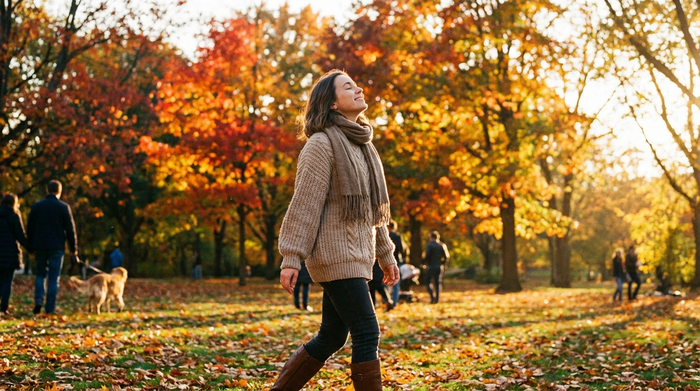 Eine Frau spaziert entspannt durch einen sonnigen, herbstlichen Park, atmet tief ein und genießt sichtlich die frische Luft. Im Hintergrund leuchten bunte Laubbäume in warmen Rot- und Gelbtönen.