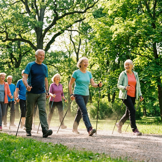 Aktive Senioren beim Nordic Walking in einem sonnigen, grünen Park. Sie tragen sportliche, bequeme Kleidung und laufen dynamisch mit Stöcken über einen Kiesweg, umgeben von alten Bäumen.