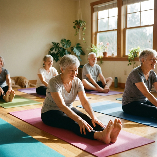 Eine konzentrierte, aber entspannte Gruppe älterer Menschen beim Yoga auf bunten Matten in einem lichtdurchfluteten Kursraum. Eine Seniorin im Vordergrund macht eine sanfte Dehnübung.