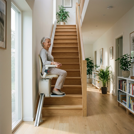Ein moderner, unauffälliger Treppenlift an einer hellen Holztreppe in einem gepflegten Einfamilienhaus. Eine ältere Dame sitzt bequem und sicher auf dem Sitz, während sie nach unten fährt.