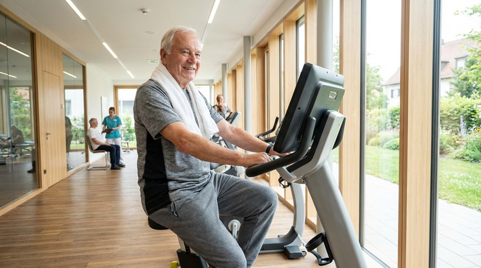 Ein älterer Herr fährt entspannt auf einem stationären Ergometer in einem sauberen, modernen Reha-Zentrum. Er trägt ein weißes Handtuch um den Hals und lächelt leicht.