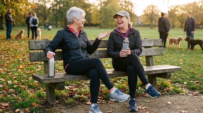 Zwei lachende Seniorinnen sitzen auf einer Holzbank im Park nach dem Sport, trinken Wasser aus wiederverwendbaren Flaschen und unterhalten sich angeregt.