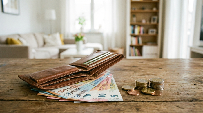 Ein offenes Portemonnaie auf einem Holztisch, daneben liegen einige aufgefächerte Euro-Scheine und ein kleiner Stapel glänzender Münzen. Im unscharfen Hintergrund ist ein helles, aufgeräumtes Wohnzimmer zu erkennen.