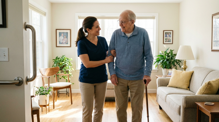 Eine fürsorgliche Pflegekraft stützt einen älteren Herrn beim behutsamen Gehen im heimischen Wohnzimmer. Beide lächeln sich ermutigend zu. Die Umgebung ist aufgeräumt, hell und altersgerecht eingerichtet.