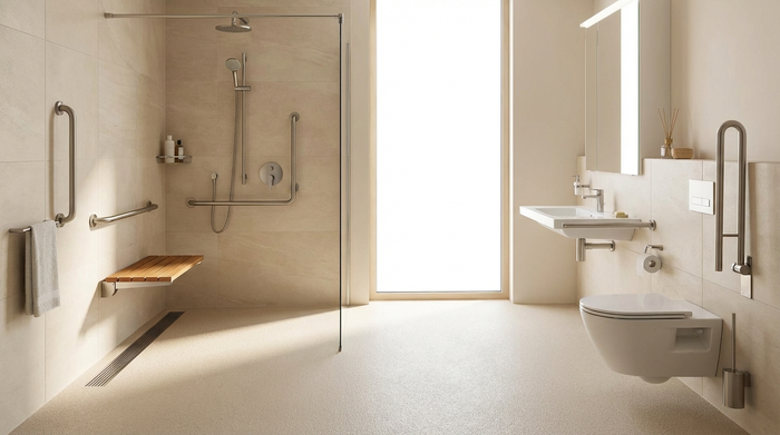 Ein modernes, barrierefreies Badezimmer mit einer geräumigen, ebenerdigen Dusche, eleganten Haltegriffen an den hellen Fliesen und einem rutschfesten Boden. Natürliches Licht durchflutet den sauberen Raum.