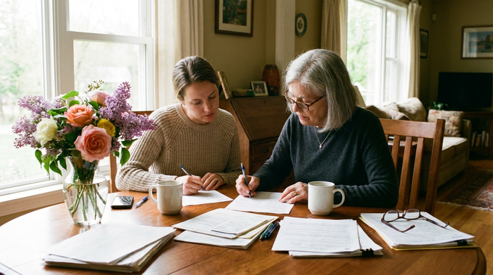 Eine ältere Frau sitzt mit ihrer erwachsenen Tochter am Esstisch und füllt gemeinsam konzentriert Dokumente aus. Auf dem Tisch stehen Kaffeetassen und eine Vase mit frischen Blumen.