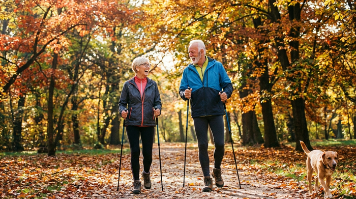 Ein aktives älteres Ehepaar wandert lachend durch einen herbstlichen Park. Sie tragen bequeme Sportkleidung und walken dynamisch. Im Hintergrund leuchten bunte Bäume im warmen Sonnenlicht.