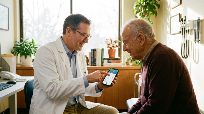 Ein freundlicher Arzt in weißem Kittel sitzt im hellen Sprechzimmer und berät einen aufmerksamen älteren Patienten. Der Arzt hält ein Smartphone in der Hand und erklärt beruhigend eine Anwendung.
