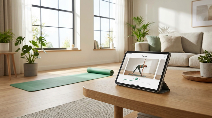 Ein modernes Tablet steht stabil auf einem hölzernen Couchtisch in einem hellen Wohnzimmer. Im Hintergrund liegt eine ordentlich ausgerollte, grüne Gymnastikmatte bereit für das anstehende Training.