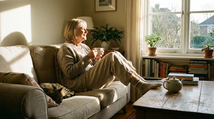 Eine entspannte ältere Frau sitzt morgens mit einer Tasse Tee auf dem Sofa, während die Morgensonne durch das Fenster scheint. Sie trägt bequeme Freizeitkleidung und wirkt erholt und zufrieden.