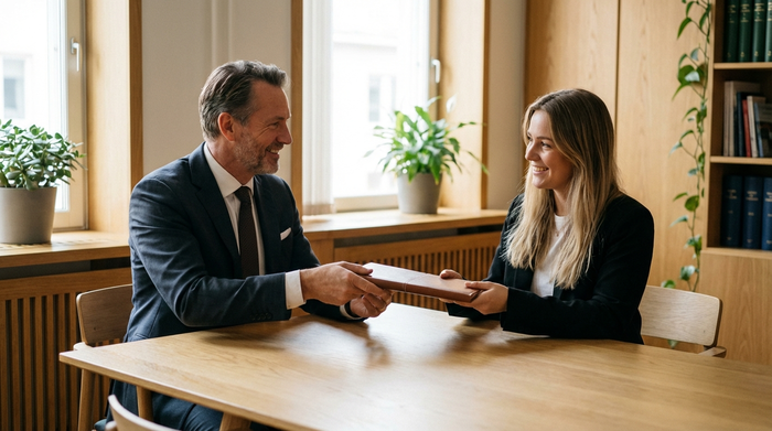 Ein seriöser Berater im Anzug reicht einer jüngeren Frau über einen hellen Holztisch ein wichtiges Dokument. Vertrauensvolle und professionelle Stimmung, weiches Licht.