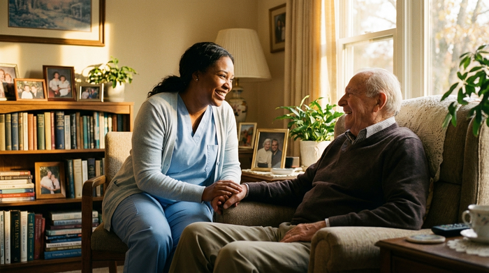 Eine freundliche Pflegekraft in hellblauer Kleidung unterhält sich im Wohnzimmer zugewandt mit einem älteren Herrn. Warme, menschliche und respektvolle Atmosphäre.