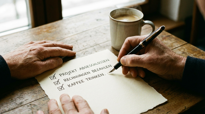 Eine Nahaufnahme von Händen, die mit einem edlen Füllfederhalter eine Checkliste auf einem weißen Blatt Papier abhaken. Daneben steht eine dampfende Tasse Kaffee.