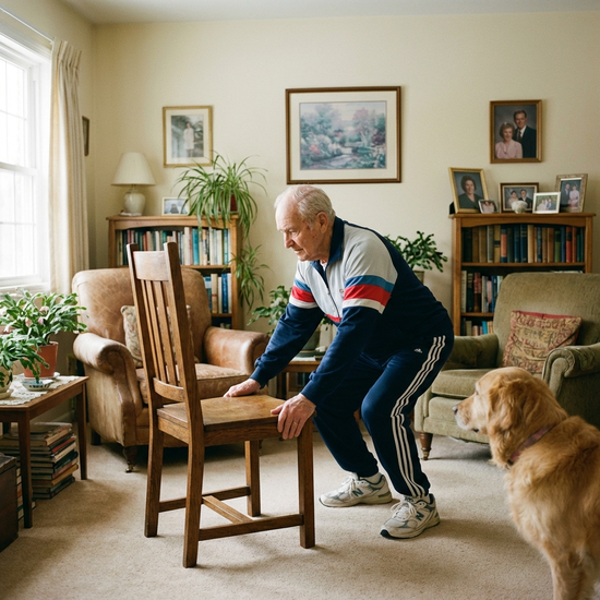 Ein älterer Herr in Sportkleidung macht konzentriert eine leichte Kniebeuge vor einem stabilen Holzstuhl in einem freundlich eingerichteten Wohnzimmer.