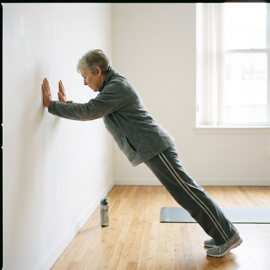 Eine ältere Dame stützt sich mit beiden Händen auf Schulterhöhe an einer weißen Wand ab und macht einen kontrollierten Wandliegestütz, der Rücken ist dabei vollkommen gerade.