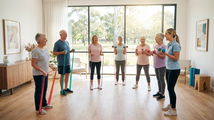 Eine kleine, fröhliche Gruppe von Senioren macht gemeinsam unter Anleitung eines freundlichen Physiotherapeuten leichte Gymnastikübungen im Stehen in einem hellen, modernen Kursraum.