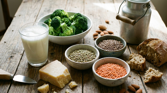Ein rustikaler Holztisch im Tageslicht mit einer ansprechenden Auswahl an kalziumreichen Lebensmitteln: ein Glas frische Milch, knackiger grüner Brokkoli, ein Stück Hartkäse und Linsen in kleinen Keramikschüsseln.