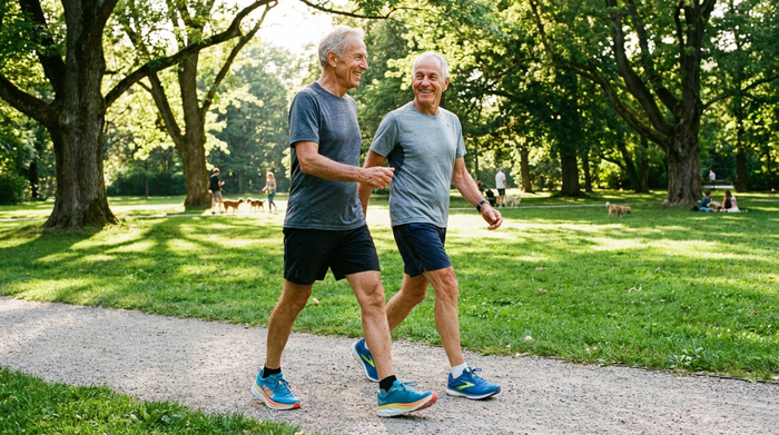 Ein agiles älteres Ehepaar geht bei sonnigem Wetter zügig durch einen grünen Park spazieren, beide tragen bequeme, dämpfende Laufschuhe und lächeln sich an.