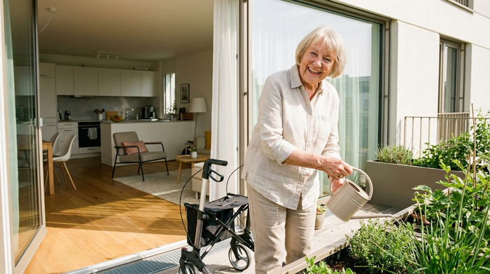 Eine rüstige Seniorin gießt lächelnd Blumen auf dem sonnigen Balkon ihrer eigenen, barrierefreien Wohnung. Im Hintergrund sieht man eine moderne, helle Einrichtung.