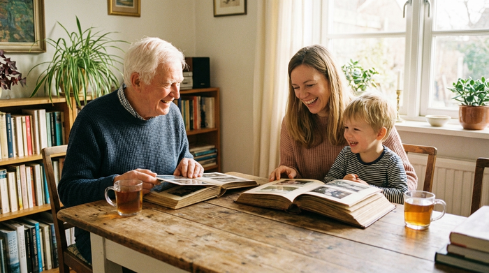 Eine Familie mit Großvater, Tochter und Enkelkind sitzt gemeinsam an einem Holztisch und schaut sich lächelnd alte Fotoalben an. Die Stimmung ist harmonisch und entspannt.