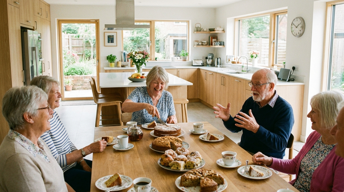 Mehrere Senioren sitzen fröhlich an einem großen Esstisch in einer Senioren-WG, essen gemeinsam Kuchen und unterhalten sich angeregt. Die Küche im Hintergrund ist offen und modern.